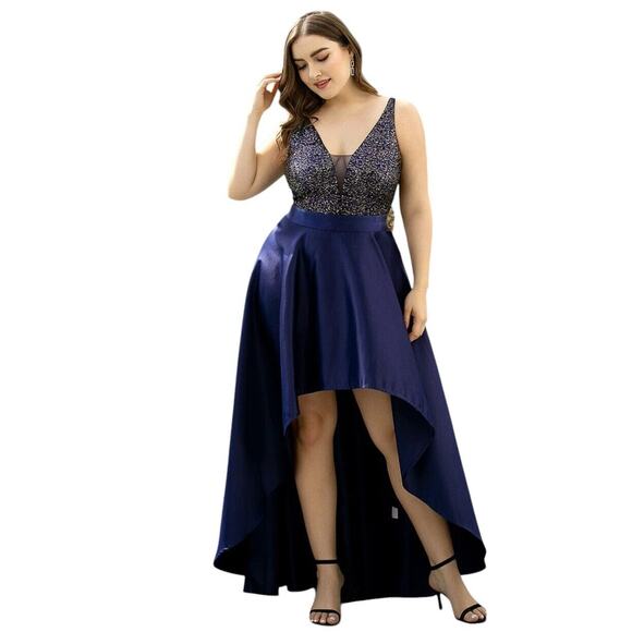 Elegant Formal Dress Sz 8 Navy Blue Gold Sequins Top Spaghetti Straps HI-LO Prom - Picture 9 of 16